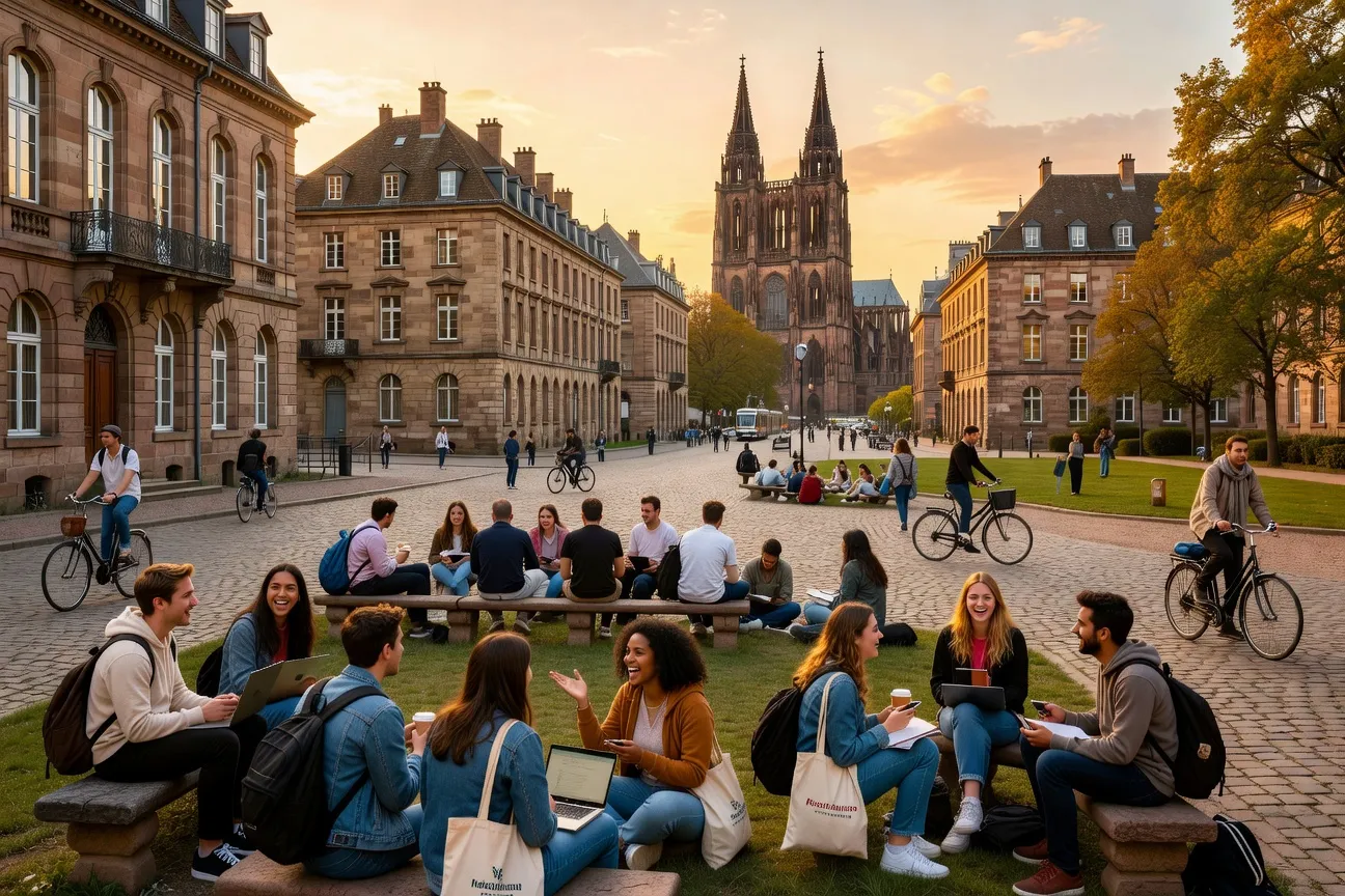 Quartier étudiant de Strasbourg avec la cathédrale visible en arrière-plan, groupe de jeunes internationaux