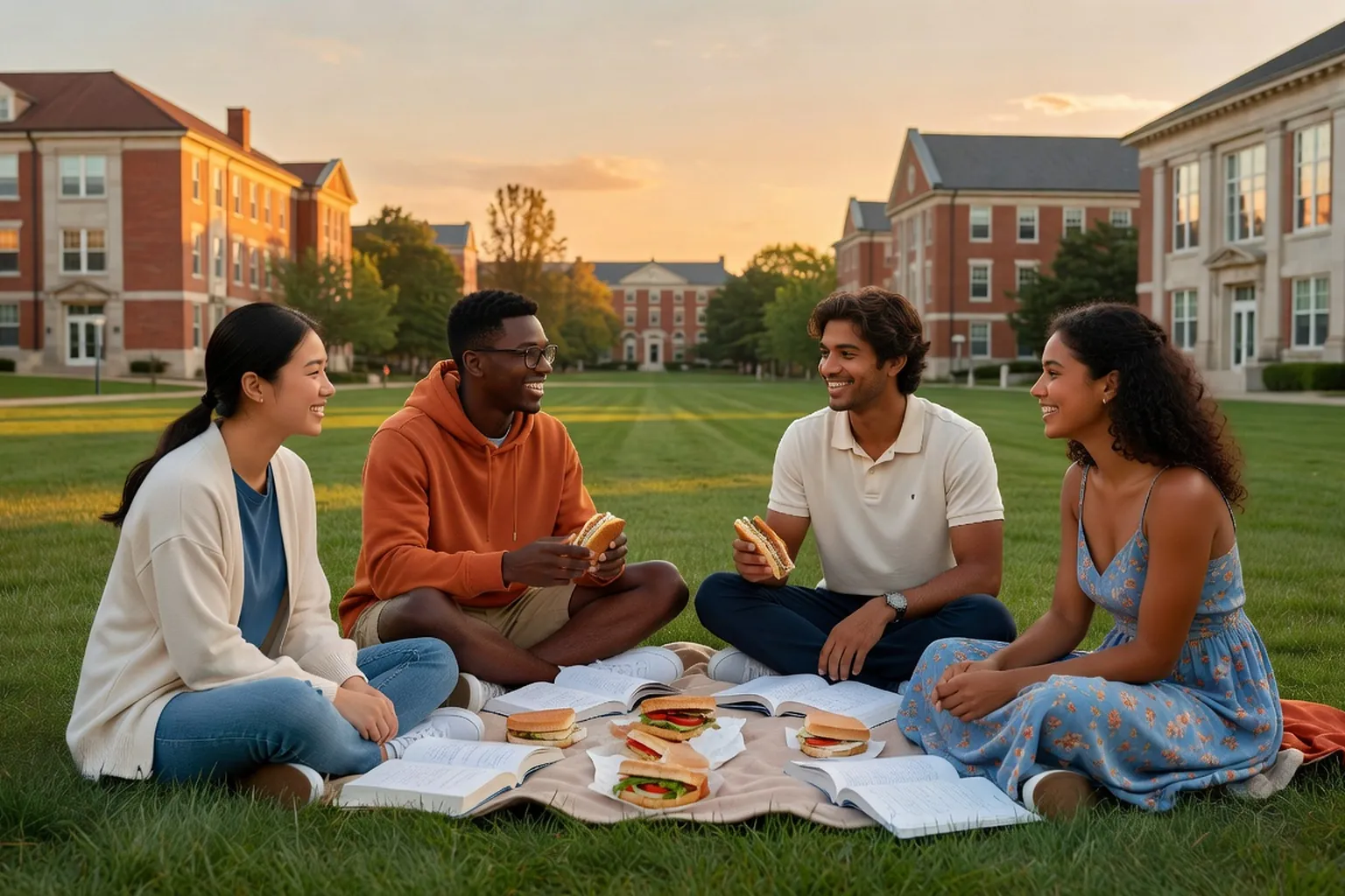 Étudiants en pause sur un campus universitaire — seconde vue