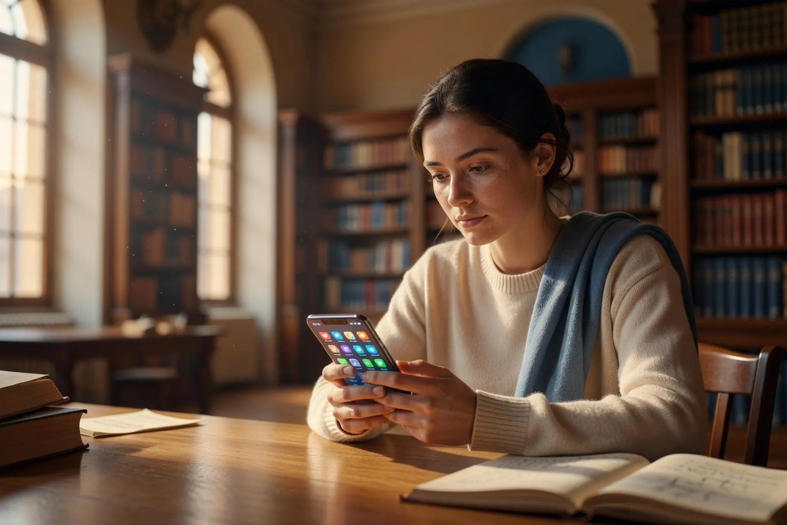 Étudiante regardant son téléphone en bibliothèque avec plusieurs apps de rencontre visibles à l'écran