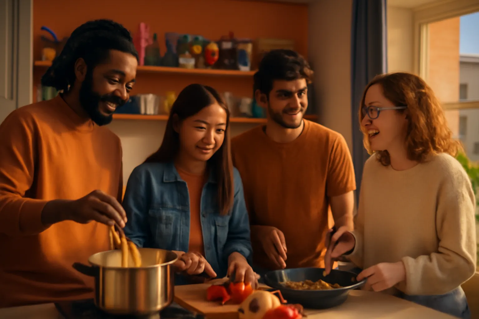 Groupe d'étudiants internationaux qui partagent un repas dans une colocation, ambiance conviviale et multiculturelle