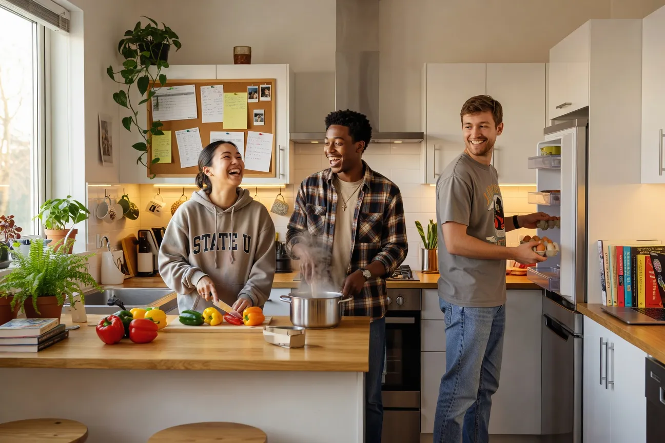 Trois étudiants en colocation préparant un repas ensemble dans une cuisine lumineuse, ambiance chaleureuse et détendue