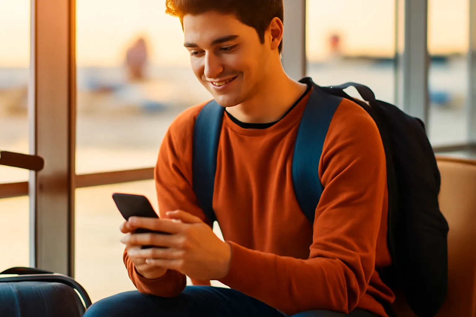 Étudiant majeur assis à une porte d'embarquement d'aéroport avec sac à dos et valise, consultant son téléphone avec un sourire