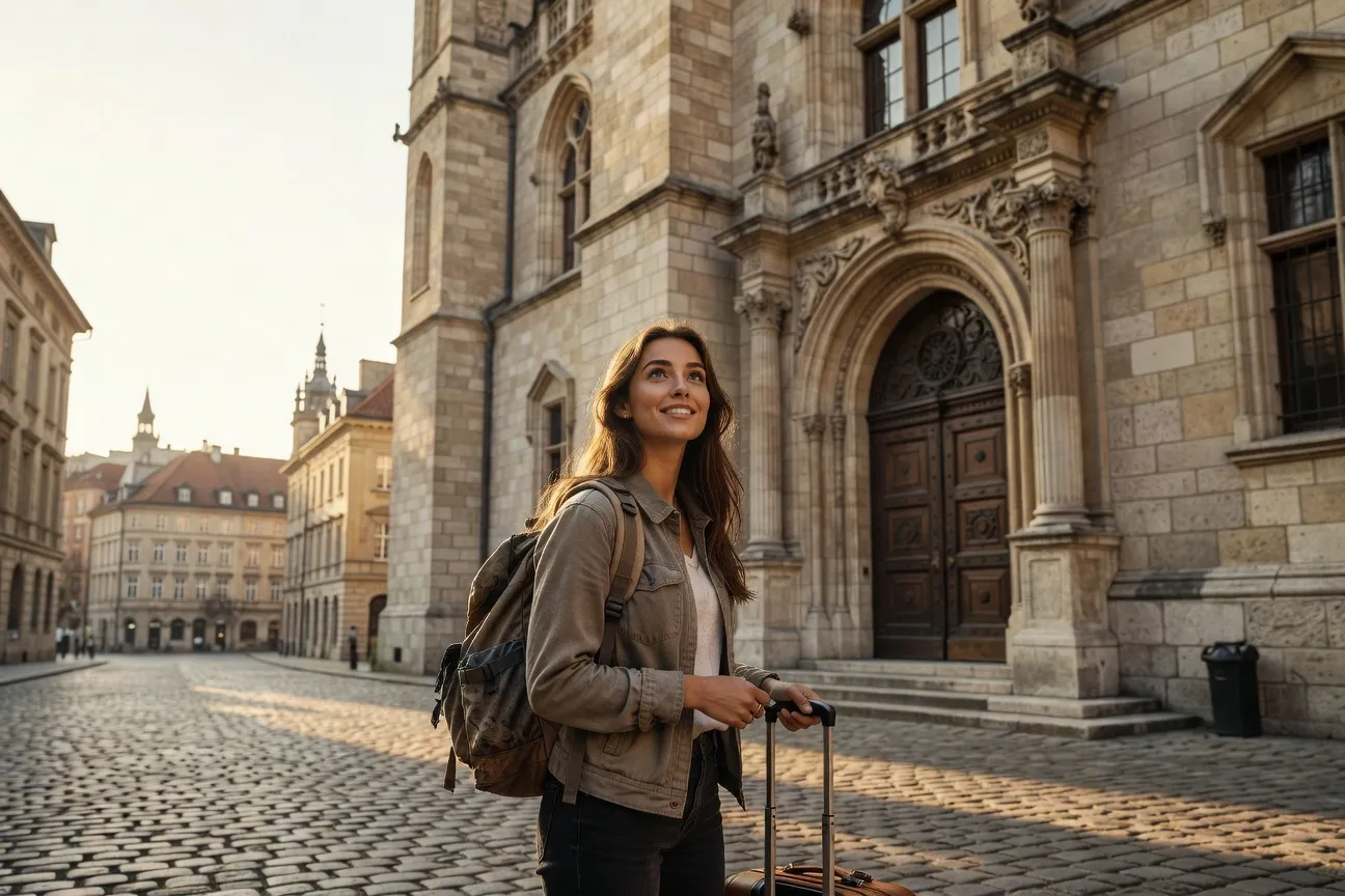 Étudiante avec sac à dos et valise sur un campus européen historique, lumière matinale, expression de découverte