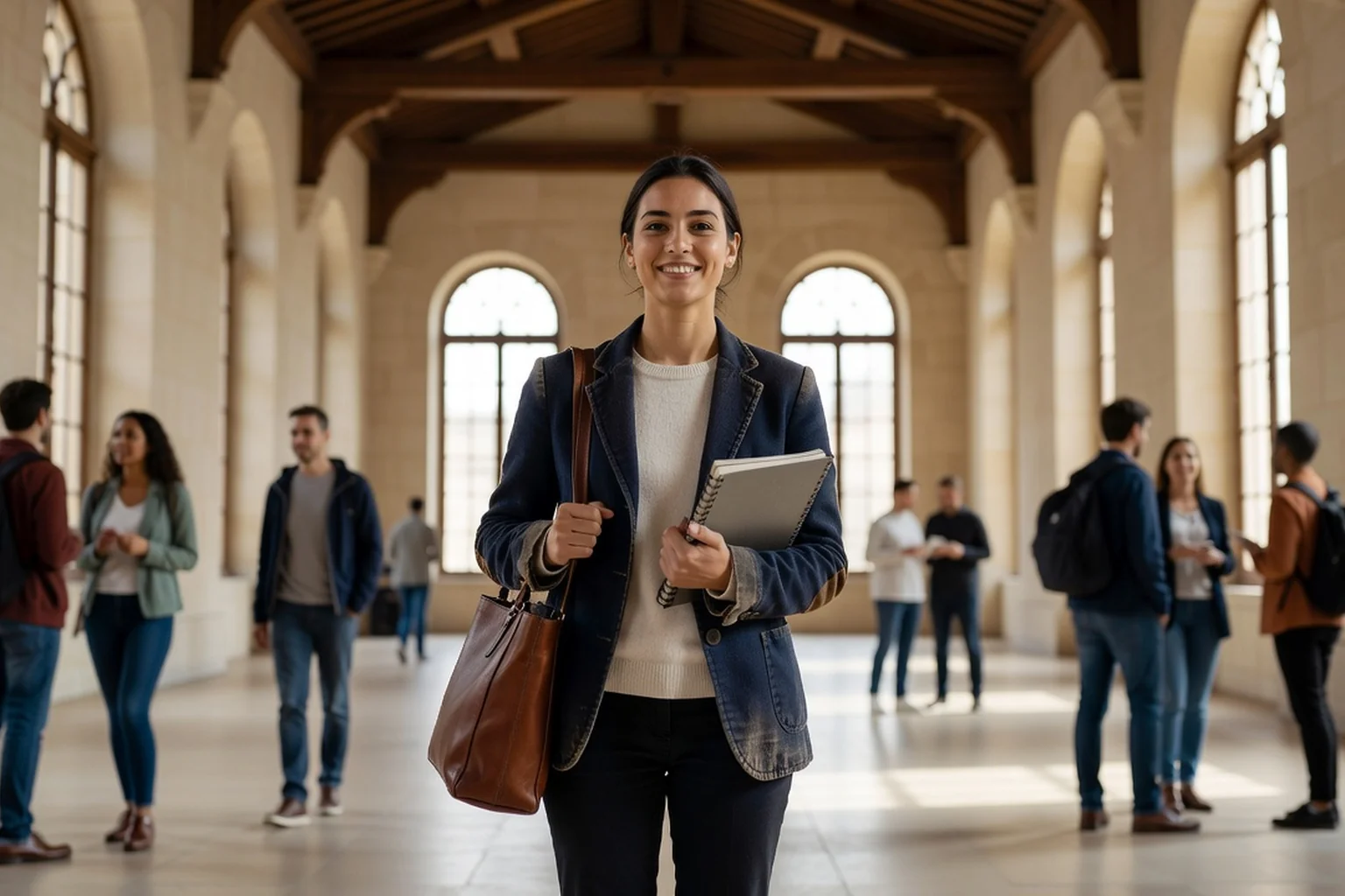 Étudiante d'environ trente ans souriante avec un carnet dans un hall d'université français, autres étudiants en arrière-plan, lumière naturelle de la matinée