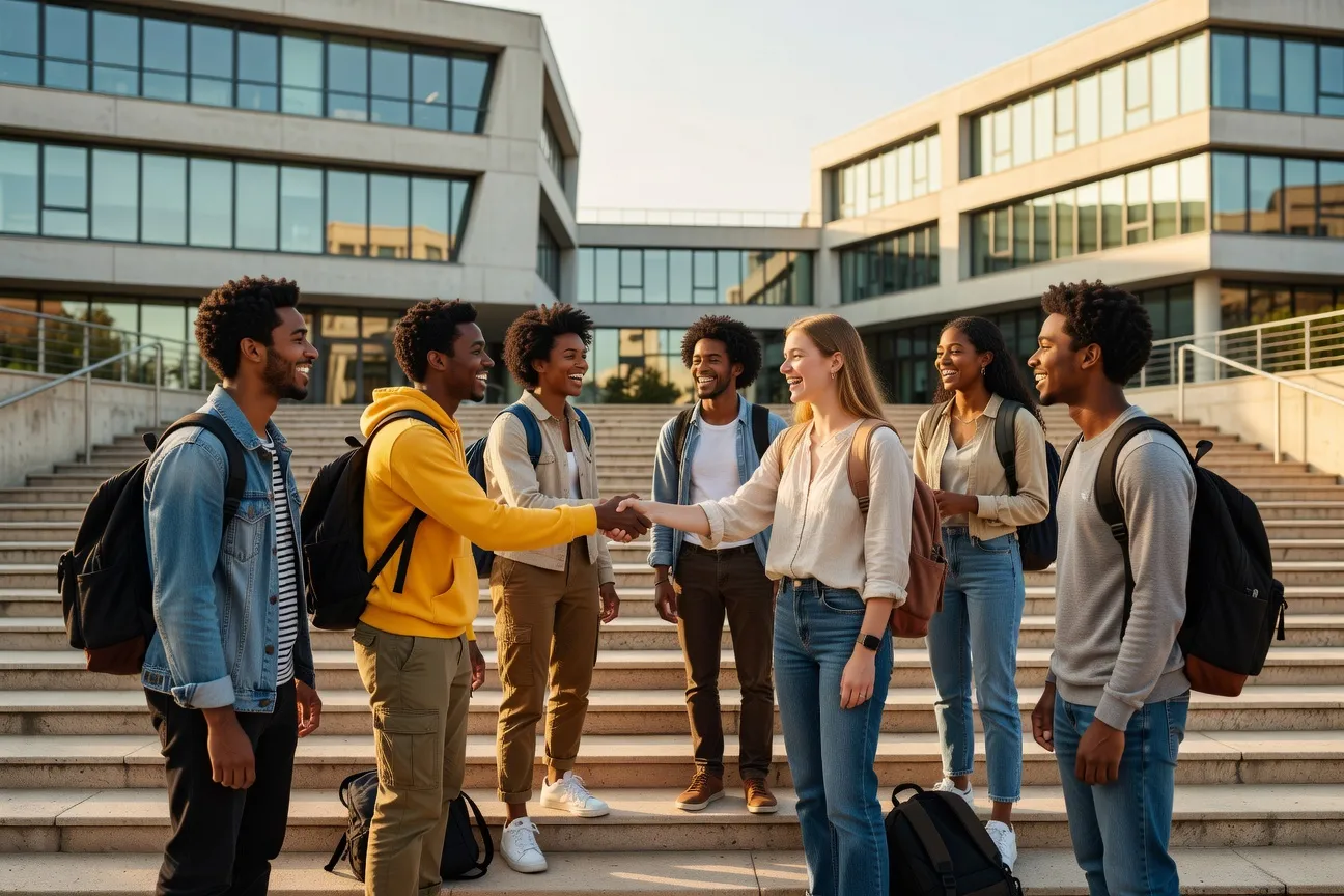 Groupe d'étudiants se rencontrant pour la première fois sur les marches d'un bâtiment universitaire, lumière dorée de fin d'après-midi