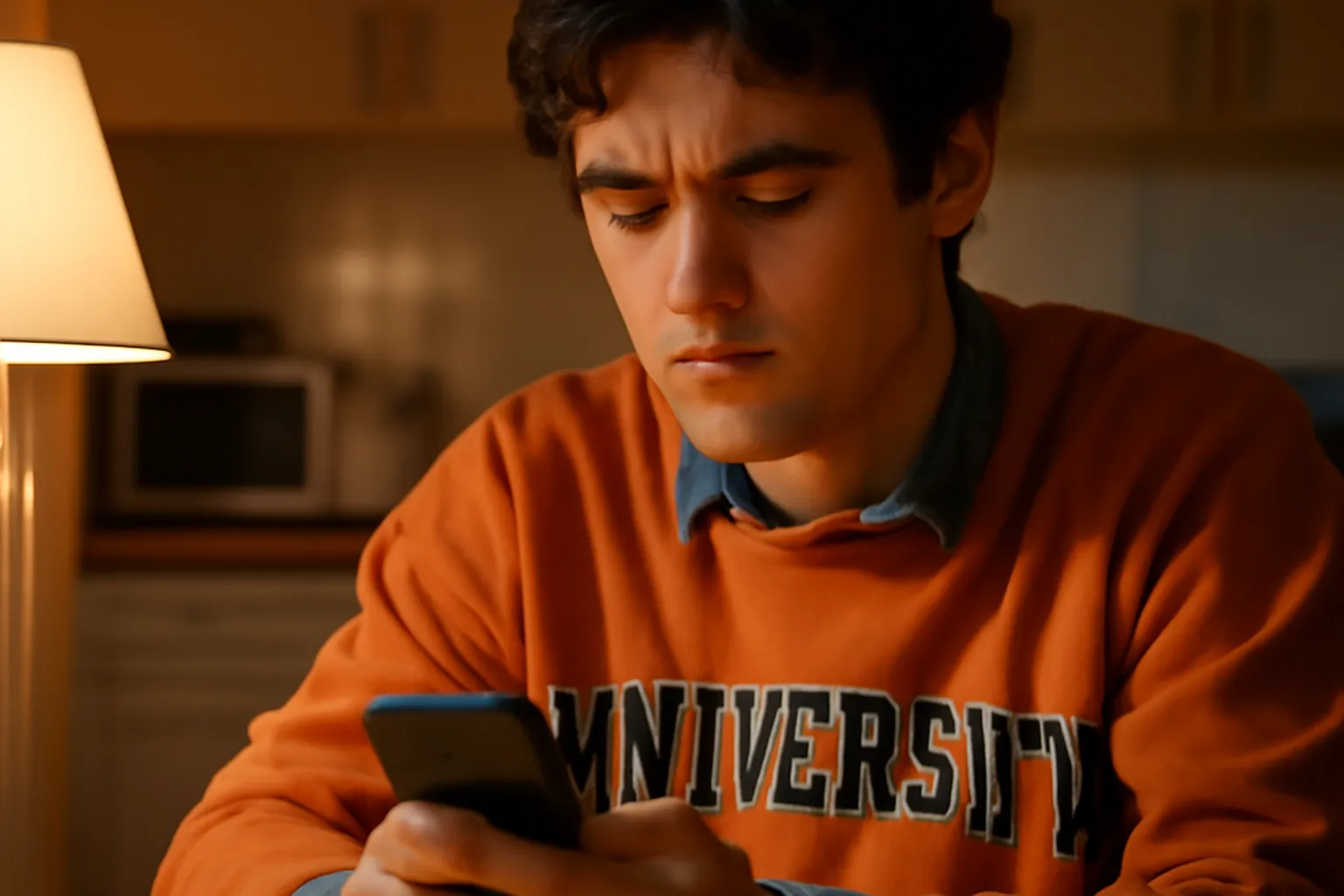 Étudiant majeur assis seul à une table le soir, regard préoccupé posé sur l'écran d'un smartphone, éclairage tamisé