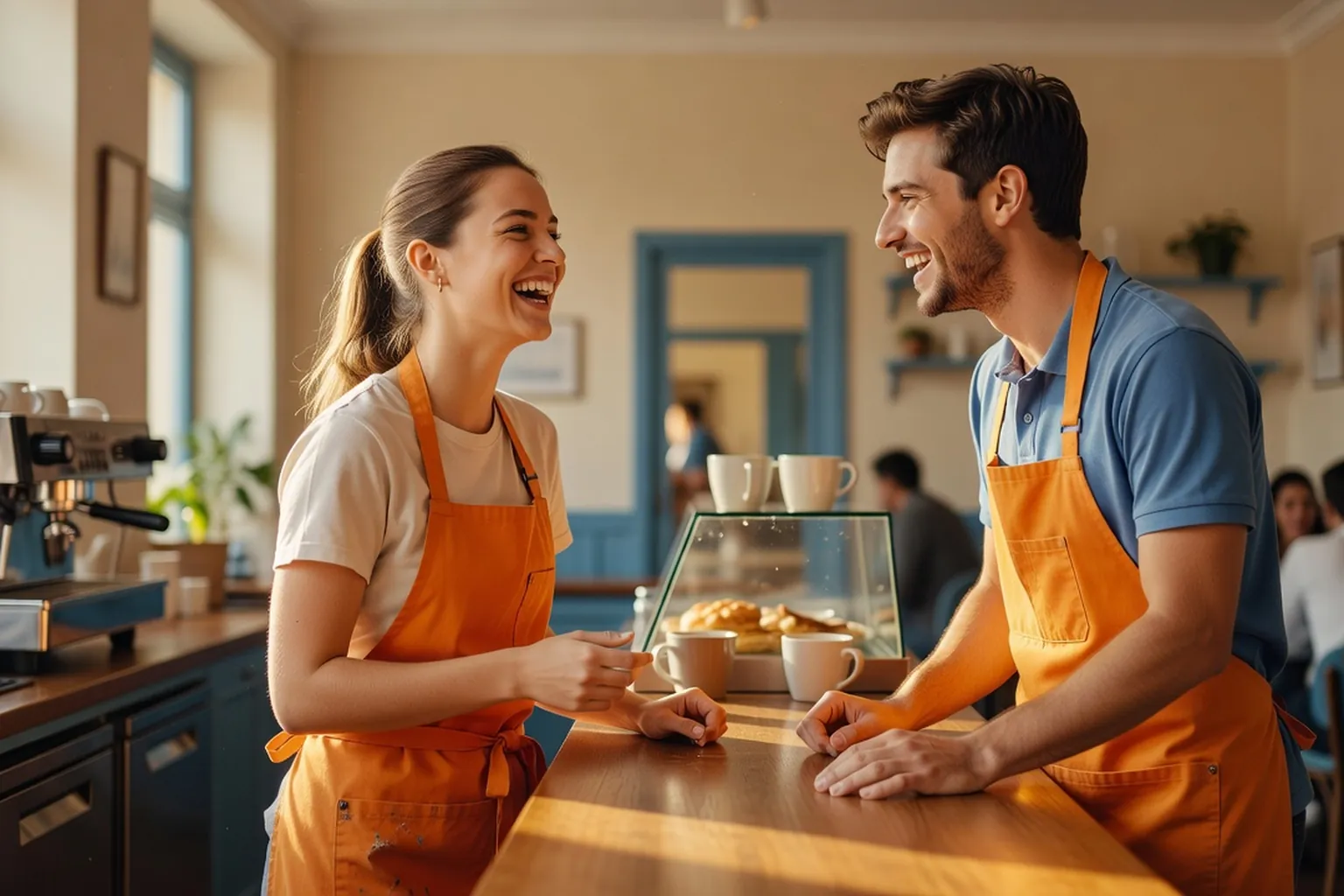 Étudiant souriant travaillant comme serveur dans un café universitaire animé