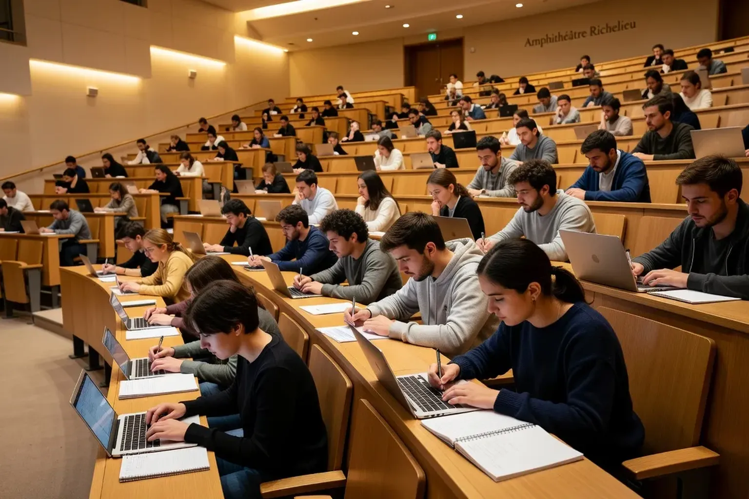 Amphithéâtre universitaire français, étudiants avec ordinateurs et carnets de notes