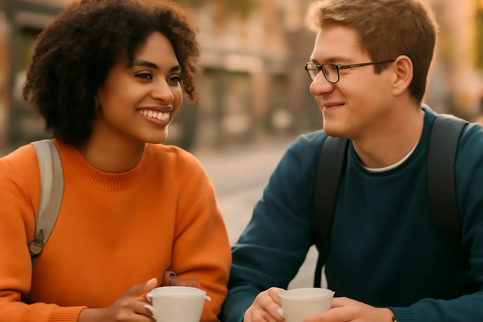 Deux étudiants majeurs attablés à un café indépendant en terrasse, tasses de café chaudes, conversation souriante