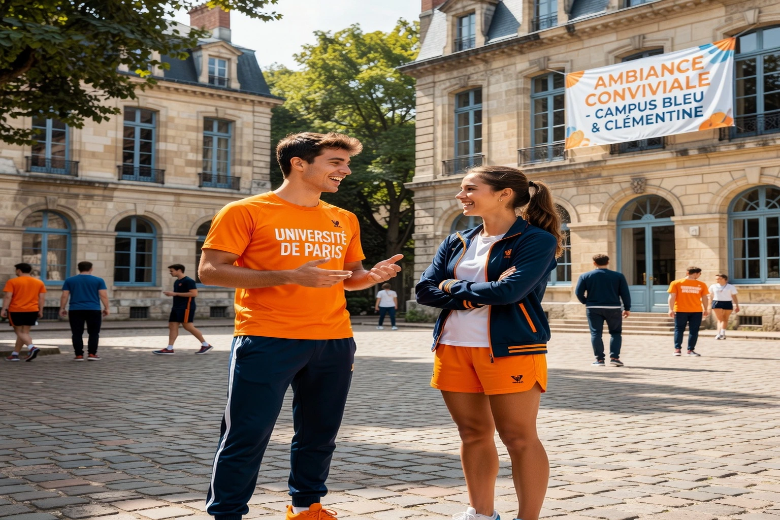 Deux étudiants en tenue de sport universitaire discutant sur un campus français ensoleillé