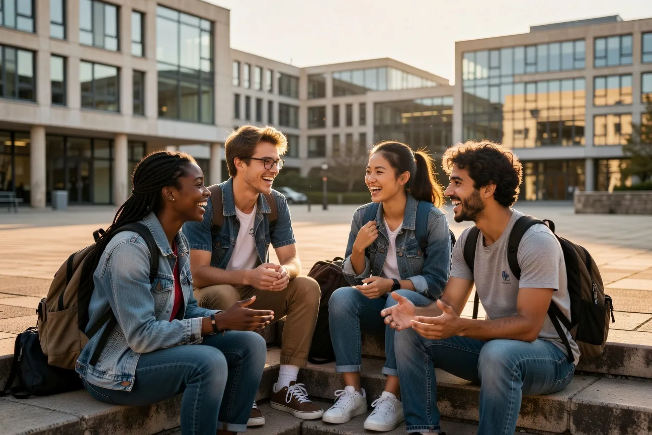 Groupe d'étudiants en discussion dans la cour d'une faculté française, lumière d'après-midi