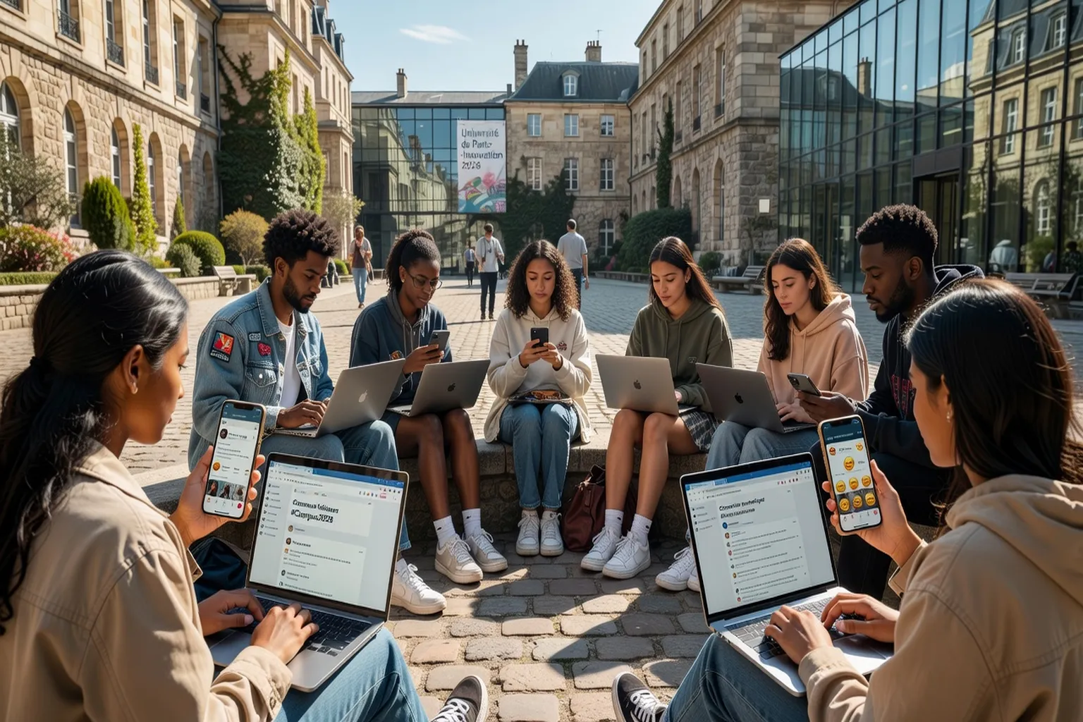 Étudiants utilisant réseaux sociaux pour rencontres, téléphones campus 2026