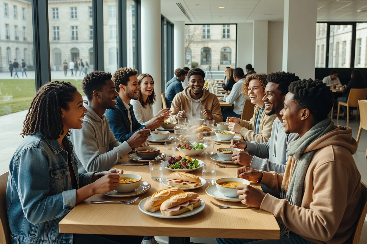 Étudiants partageant un repas à une longue table d'un restaurant universitaire français, plateaux CROUS, ambiance chaleureuse en journée