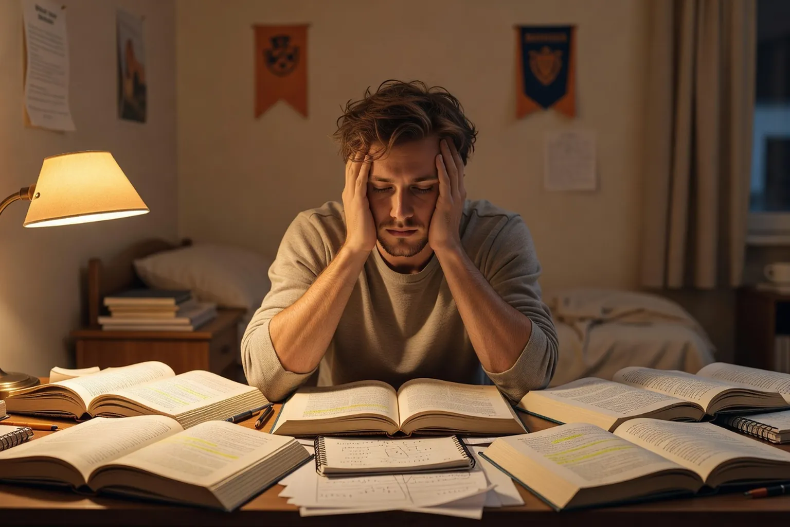 Étudiant fatigué la tête entre les mains devant ordinateur portable et livres ouverts, lumière de fin de nuit