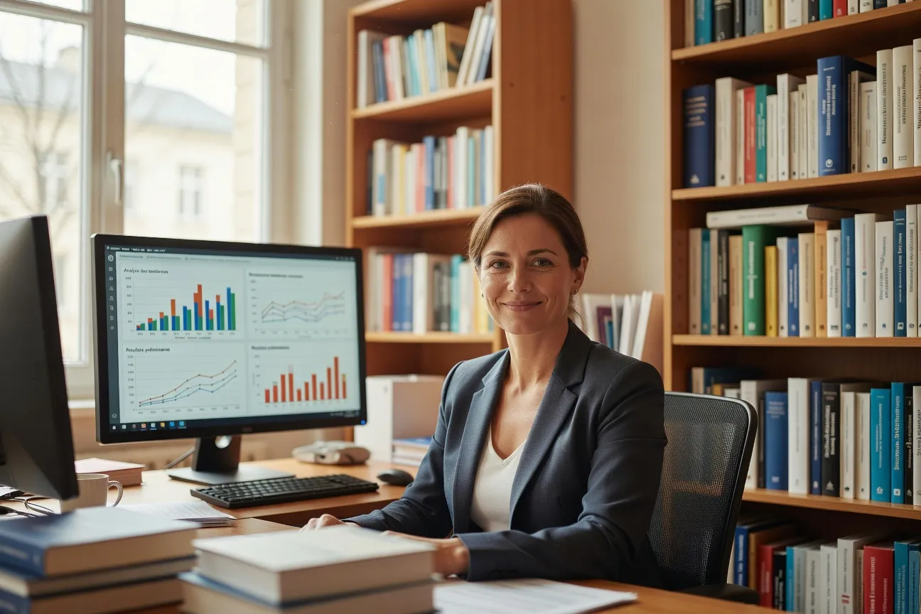 Sociologue française dans son bureau devant un écran avec données de recherche sur les rencontres étudiantes