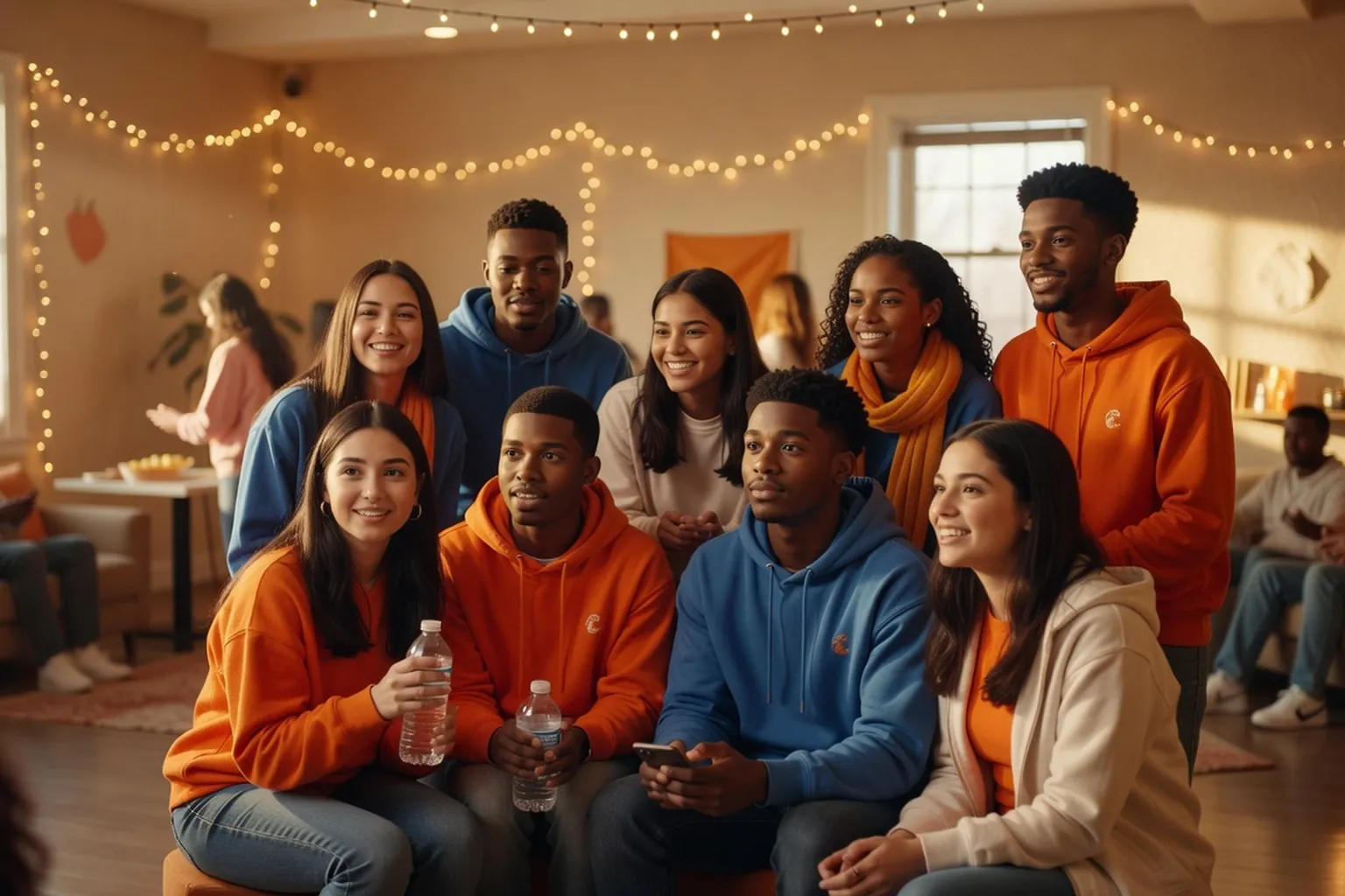 Groupe d'étudiants qui se retrouvent avant une soirée étudiante, ambiance conviviale