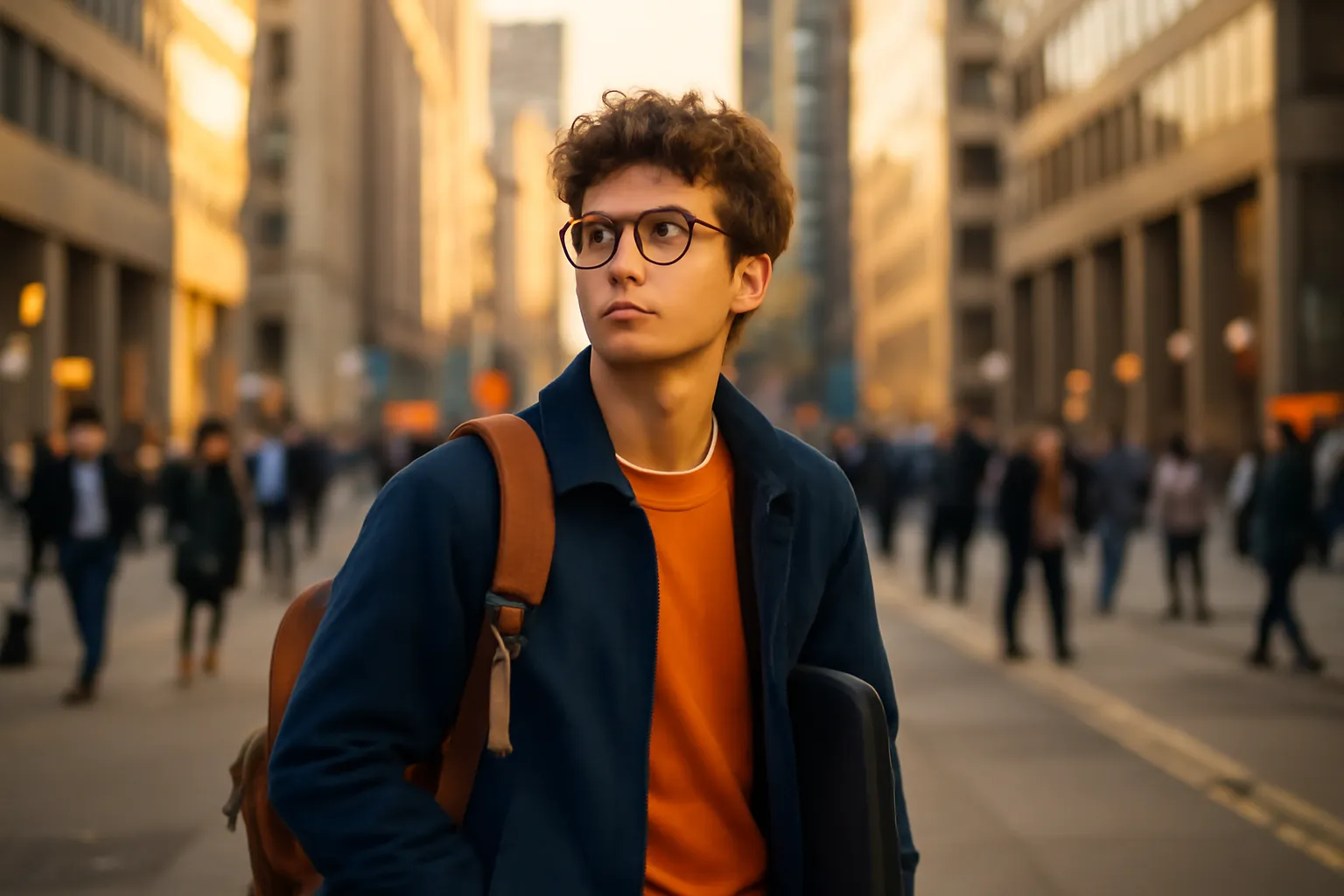 Jeune stagiaire assis seul avec un ordinateur portable dans un bureau moderne à l'étranger, ville visible par la fenêtre