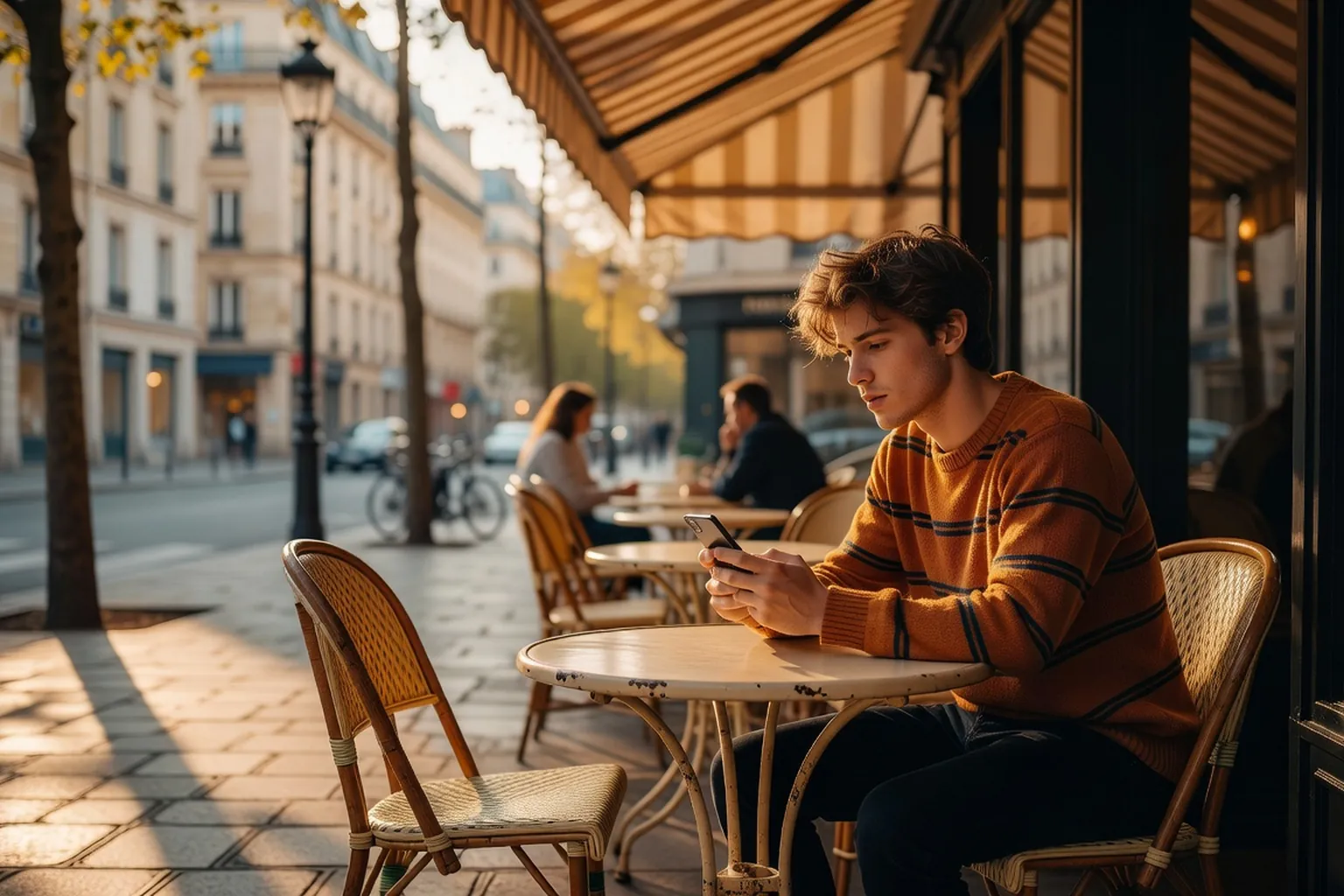 Étudiante seule à une terrasse de café en attente, regardant son téléphone, cadre carré ensoleillé