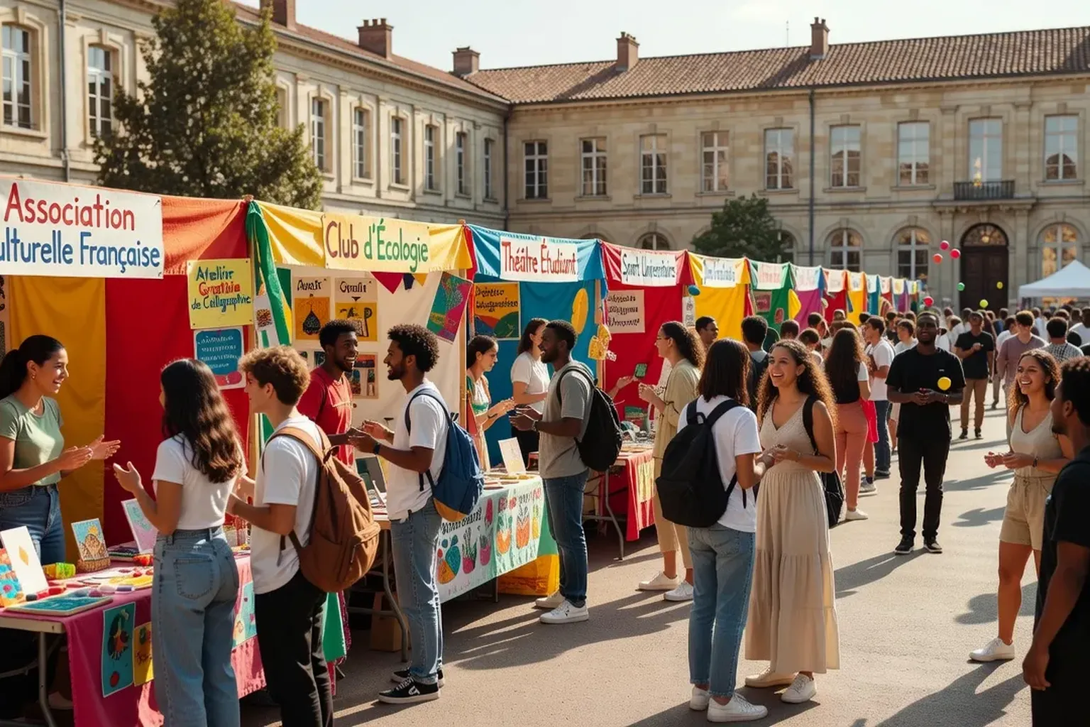 Étudiants participant à des activités gratuites sur un campus universitaire en France