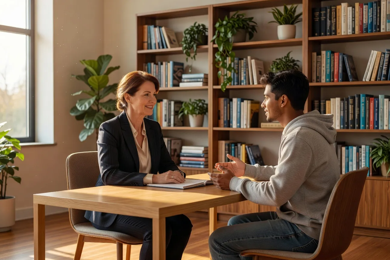 Psychologue en consultation avec un étudiant, bureau lumineux avec plantes vertes, ambiance de confiance et d'écoute
